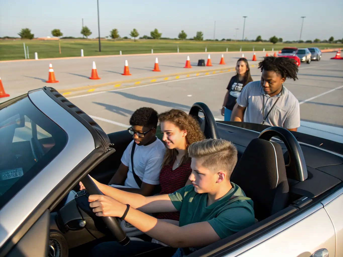 A group of young adults participating in a safe driving course at a motorsport facility, focusing on vehicle control and hazard avoidance techniques.