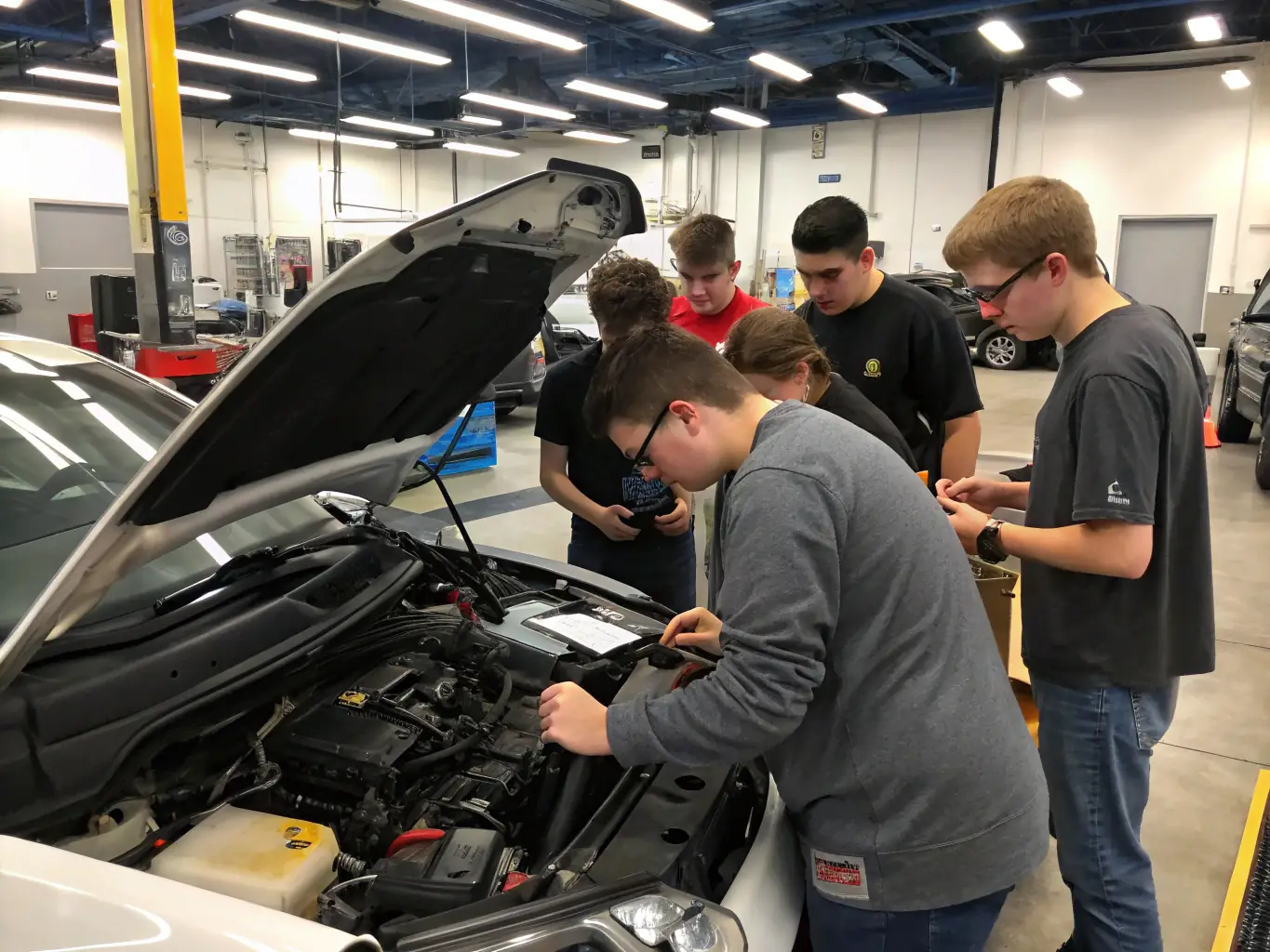 A team of students working together on a race car engine in a workshop, learning about mechanical engineering and problem-solving.