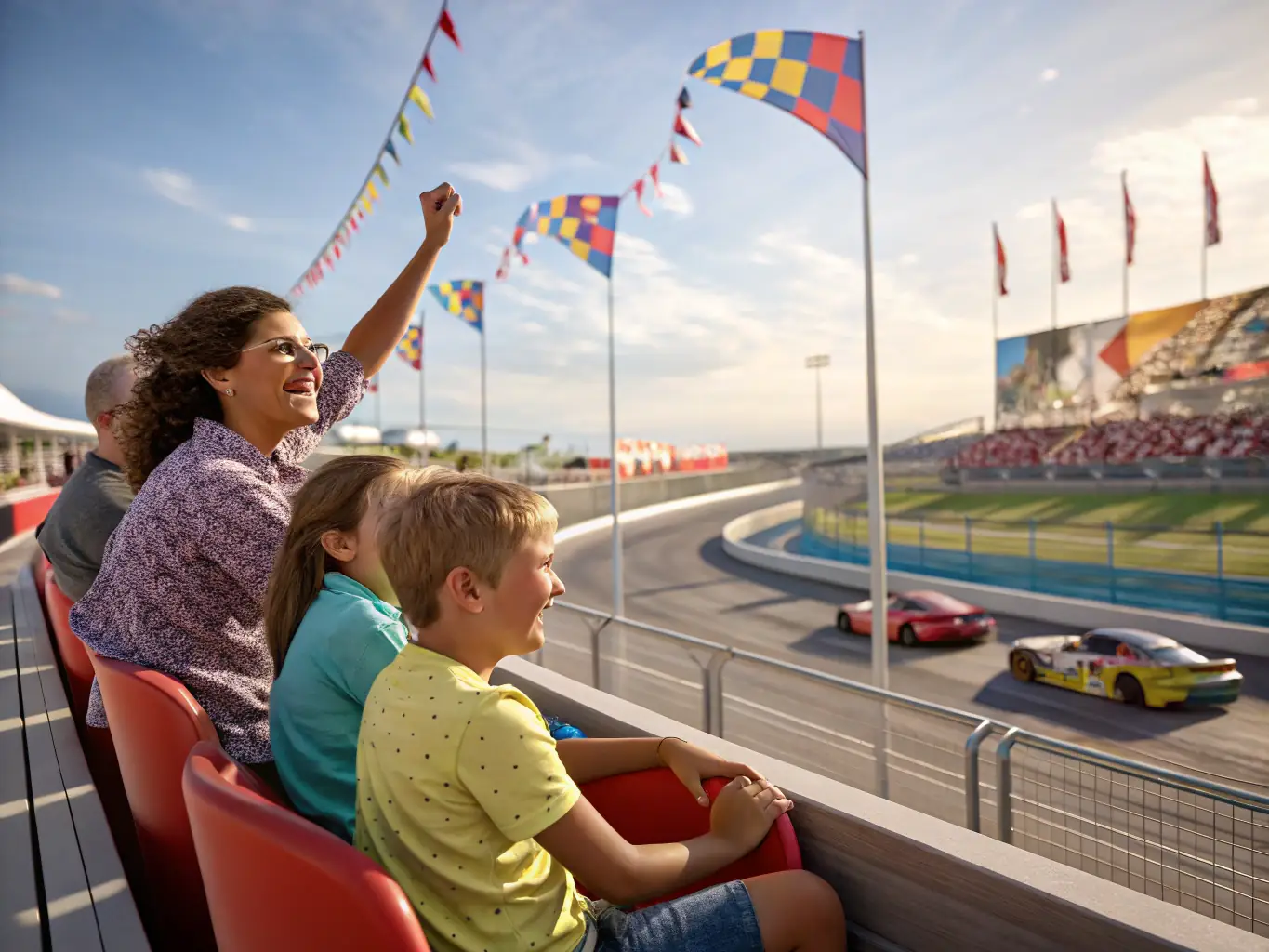 A vibrant image of a community event organized by MCB RACING, showcasing diverse participants engaging in recreational motorsport activities, promoting inclusivity and community spirit.