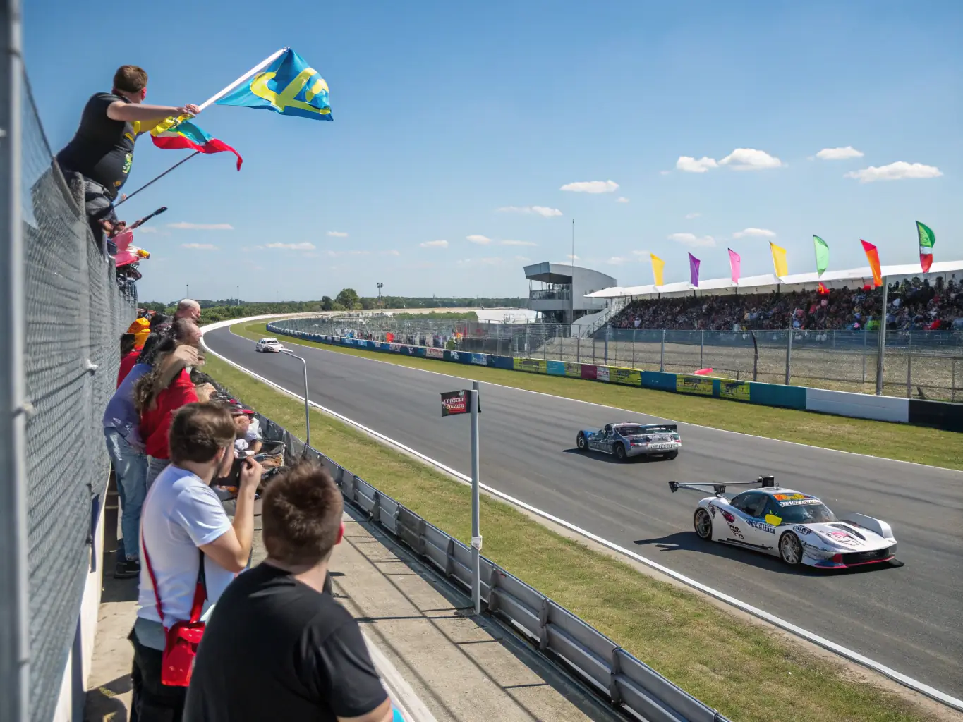 A diverse group of people participating in a community motorsport event, enjoying friendly competition and camaraderie.