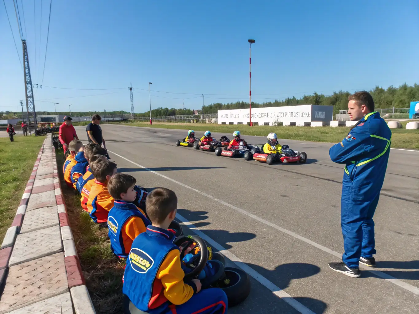 An image of young participants in racing suits receiving instruction on a professional track, emphasizing safety and learning, representing the Motorsport Training Programs offered by MCB RACING.